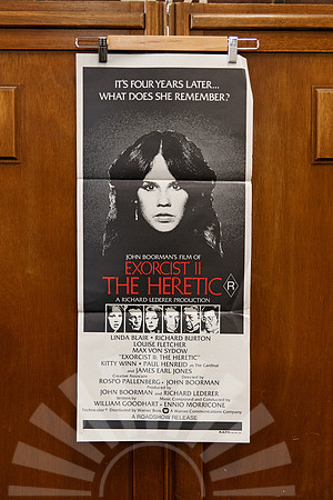 Vintage 1977 Australian daybill poster for “Exorcist II: The Heretic,” a controversial sequel with hypnotic black artwork.
