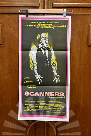 Vintage Australian daybill poster for David Cronenberg’s “Scanners” (1981), famous for its psychic horror and shocking effects.