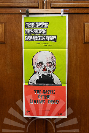 Australian daybill poster for “The Castle of the Living Dead” (1964), starring Christopher Lee in Gothic horror style.