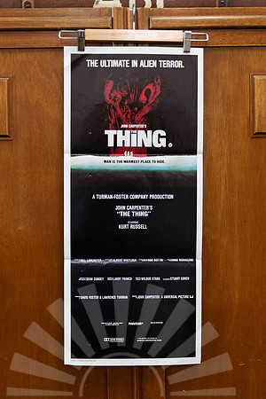 Australian daybill poster for John Carpenter’s “The Thing” (1982), with blood-red alien terror artwork.