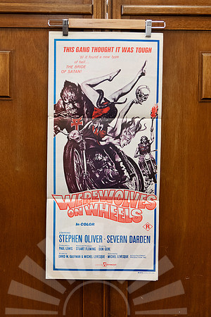 Australian daybill poster for “Werewolves on Wheels” (1971), a cult exploitation film blending biker gangs with satanic werewolves.