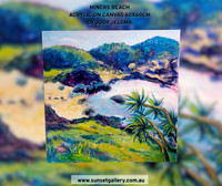 Miners Beach by Judy Jelsma, a colourful coastal landscape painting featuring native vegetation, sandy shoreline and vibrant Australian coastal scenery.
