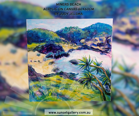 Miners Beach by Judy Jelsma, a colourful coastal landscape painting featuring native vegetation, sandy shoreline and vibrant Australian coastal scenery.