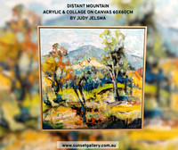 Distant Mountain by Judy Jelsma, a contemporary acrylic landscape painting featuring expressive trees, layered colour and a mountain backdrop.