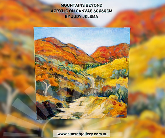 Mountains Beyond by Judy Jelsma, an acrylic landscape painting featuring vibrant orange hills, winding tracks and distant mountain ranges.