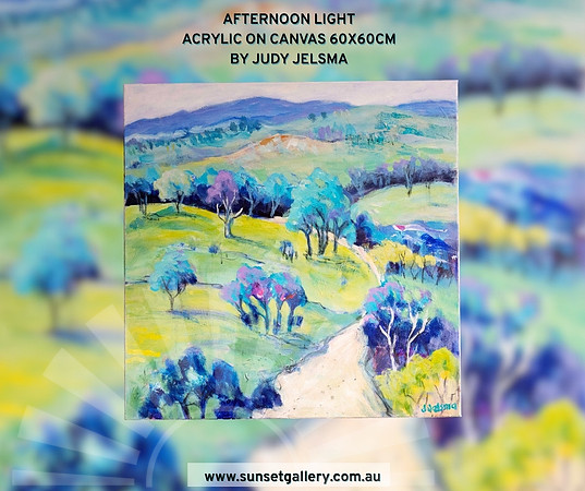 Afternoon Light by Judy Jelsma, acrylic landscape painting featuring rolling green hills, winding country tracks and expressive blue and purple trees.