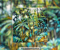 Rainforest by Judy Jelsma, a vibrant acrylic painting depicting lush rainforest vegetation, layered foliage and filtered light through native Australian forest.