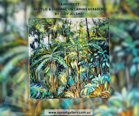 Rainforest by Judy Jelsma, a vibrant acrylic painting depicting lush rainforest vegetation, layered foliage and filtered light through native Australian forest.
