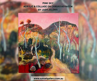 Pink Sky by Judy Jelsma, an atmospheric acrylic landscape painting featuring warm pink skies, native trees and expressive Australian bushland.