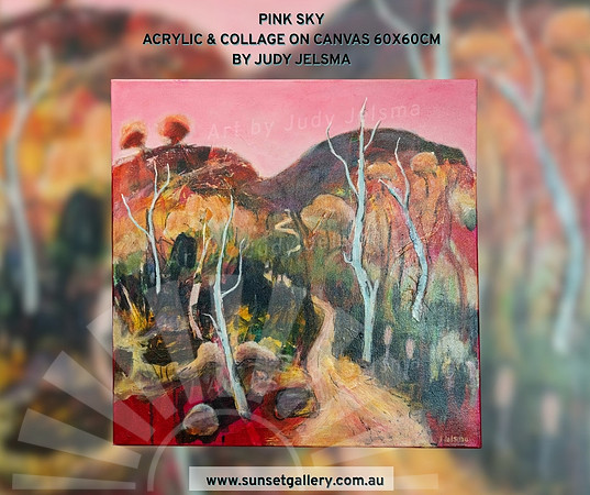 Pink Sky by Judy Jelsma, an atmospheric acrylic landscape painting featuring warm pink skies, native trees and expressive Australian bushland.