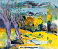 Autumn View by Judy Jelsma is an expressive acrylic landscape painting featuring vibrant golden eucalyptus trees, layered bushland and distant blue mountains inspired by the Australian landscape.