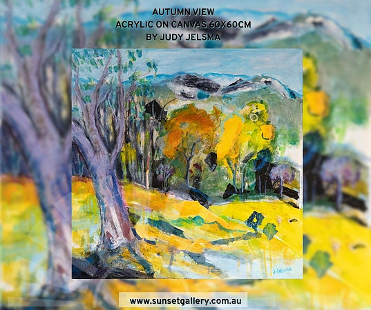 Autumn View by Judy Jelsma is an expressive acrylic landscape painting featuring vibrant golden eucalyptus trees, layered bushland and distant blue mountains inspired by the Australian landscape.