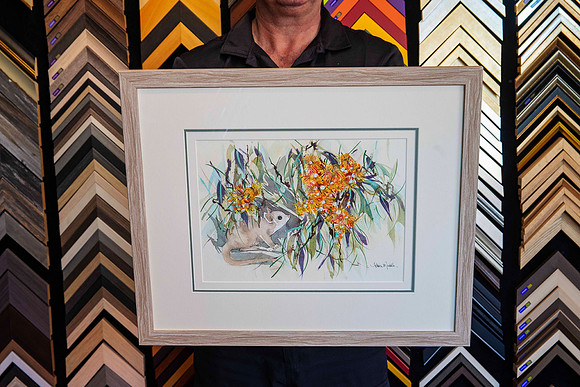 Original Gloria Muddle watercolour professionally reframed with a natural timber frame and custom double mount at Sunset Framing & Gallery Port Macquarie.