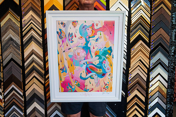 Contemporary limited edition art print custom framed in a white timber frame by Sunset Framing & Gallery Port Macquarie.