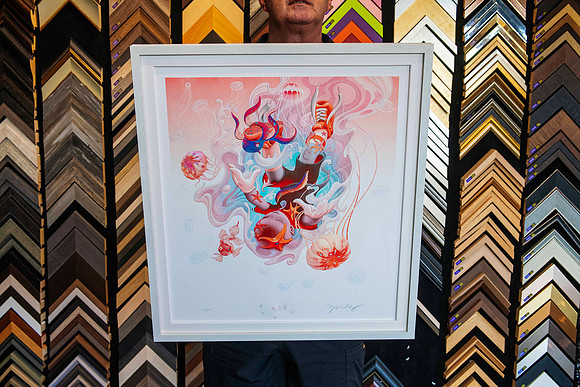 Contemporary limited edition art print custom framed in a white timber frame by Sunset Framing & Gallery Port Macquarie.