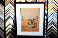 Australian rural watercolour depicting a figure working outdoors, custom framed with a soft grey mount and black timber frame in Port Macquarie.