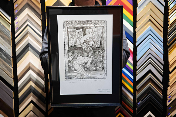 Detailed black and white figurative etching custom framed with a deep black mount and slim black timber frame in Port Macquarie.