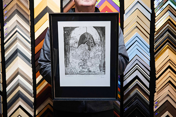 Black and white etching custom framed with a deep black mount and black timber frame by Sunset Framing & Gallery Port Macquarie.