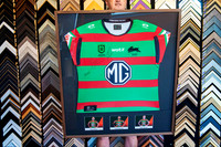 Signed South Sydney Rabbitohs NRL jersey with Cody Walker, Latrell Mitchell and Tallis Duncan player cards, professionally custom framed in Port Macquarie.