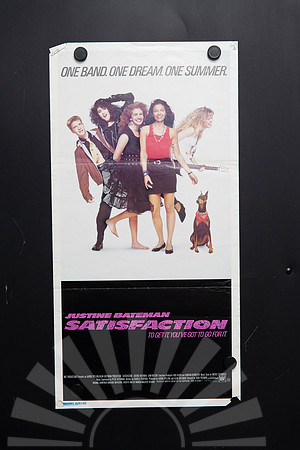 Original 1988 Satisfaction Australian daybill movie poster featuring Justine Bateman, Julia Roberts and the band cast with pink title artwork.
