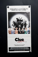 Original 1985 Clue Australian daybill movie poster featuring Tim Curry, Madeline Kahn, Christopher Lloyd and seven suspects silhouette artwork.