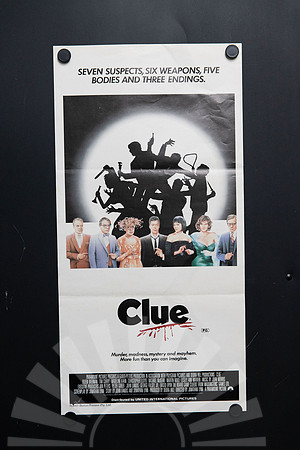 Original 1985 Clue Australian daybill movie poster featuring Tim Curry, Madeline Kahn, Christopher Lloyd and seven suspects silhouette artwork.
