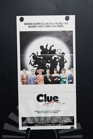 Original 1985 Clue Australian daybill movie poster featuring Tim Curry, Madeline Kahn, Christopher Lloyd and seven suspects silhouette artwork.