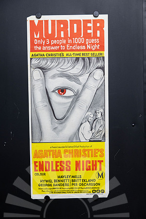 Original 1972 Agatha Christie’s Endless Night Australian daybill movie poster featuring a dramatic illustrated face with red eye, starring Hayley Mills, Hywel Bennett and Britt Ekland.