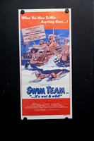 Original 1979 Swim Team Australian daybill movie poster with colourful illustrated poolside comedy artwork, swimmers, shark and Animal House stars James Daughton and Stephen Furst.