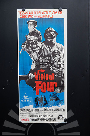Original 1968 The Violent Four Australian daybill movie poster with blue, black and red illustrated artwork featuring masked bank robbers and Gian Maria Volonté.