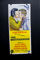 Original Australian Daybill movie poster for The Brotherhood starring Kirk Douglas and Alex Cord, featuring colourful illustrated kiss of death artwork against a vivid yellow title panel.