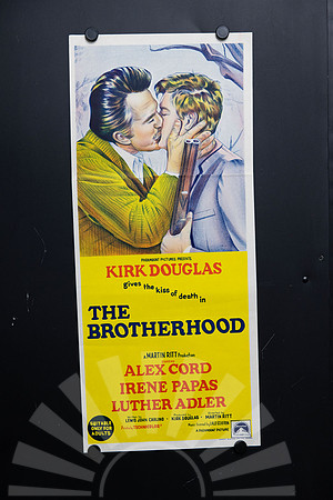 Original Australian Daybill movie poster for The Brotherhood starring Kirk Douglas and Alex Cord, featuring colourful illustrated kiss of death artwork against a vivid yellow title panel.