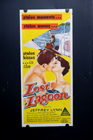 Original Australian Daybill movie poster for Lost Lagoon starring Jeffrey Lynn, featuring colourful yellow, red and blue illustrated artwork of a romantic couple and a man leaving a boat.