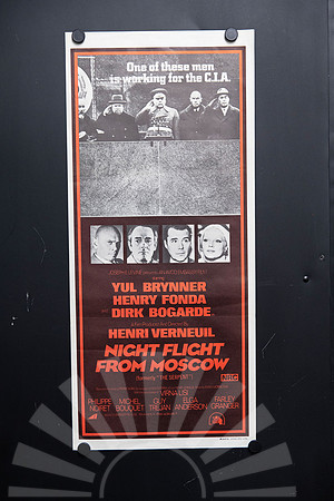 Original 1973 Australian Daybill movie poster for Night Flight from Moscow starring Yul Brynner, Henry Fonda and Dirk Bogarde, featuring dark Cold War espionage artwork and CIA imagery.