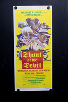 Original 1976 Australian Daybill movie poster for Shout at the Devil starring Lee Marvin and Roger Moore, featuring colourful yellow illustrated African adventure and First World War artwork.