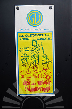 Original 1975 Australian Daybill movie poster for The Ups and Downs of a Handyman starring Barry Stokes and Gay Soper, featuring colourful yellow, red and blue illustrated 1970s British comedy artwork