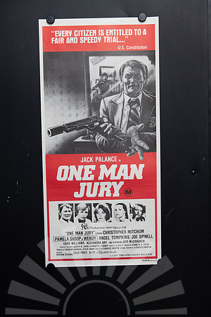 Original Australian Daybill movie poster for One Man Jury starring Jack Palance and Christopher Mitchum, featuring striking red, black and white vigilante crime artwork with Jack Palance holding a gun