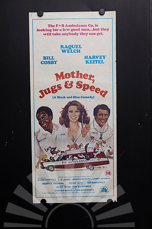 Original 1976 Australian Daybill movie poster for Mother, Jugs & Speed starring Raquel Welch, Harvey Keitel and Bill Cosby, featuring colourful illustrated ambulance comedy artwork.
