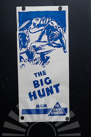 Original 1959 Australian Daybill movie poster for The Big Hunt, an MGM wildlife documentary filmed in India and Pakistan, featuring striking blue and white illustrated jungle hunting artwork.