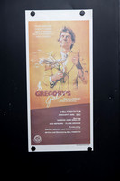 Original 1981 Australian Daybill movie poster for Gregory's Girl directed by Bill Forsyth, featuring illustrated John Gordon Sinclair holding flowers against distinctive peach and burgundy artwork.