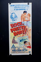 Original 1956 Australian Daybill for Rock, Pretty Baby starring Sal Mineo, John Saxon and Luana Patten, featuring colourful illustrated rock-and-roll, beach and teenage romance artwork.
