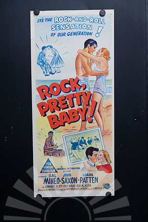 Original 1956 Australian Daybill for Rock, Pretty Baby starring Sal Mineo, John Saxon and Luana Patten, featuring colourful illustrated rock-and-roll, beach and teenage romance artwork.