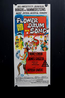 Original 1961 Australian Daybill for Flower Drum Song starring Nancy Kwan and James Shigeta, featuring colourful illustrated Chinese festival dragon and musical artwork.