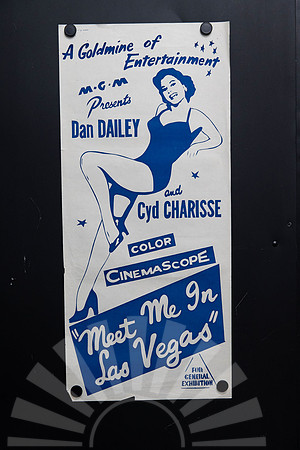 Original 1956 Australian Daybill for Meet Me in Las Vegas starring Cyd Charisse and Dan Dailey, featuring minimalist blue and white Cyd Charisse pin-up artwork.