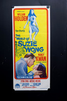 Original 1960 Australian Daybill for The World of Suzie Wong starring William Holden and Nancy Kwan, featuring vivid yellow red and blue illustrated Hong Kong artwork.