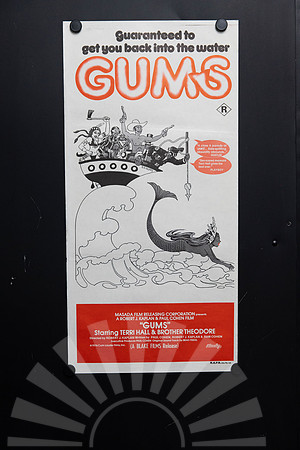 Original 1976 Australian Daybill for Gums, a Jaws parody starring Terri Hall and Brother Theodore, featuring comic boat and mermaid artwork.