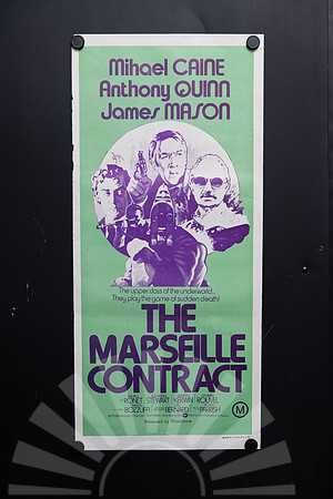 Original 1974 Australian Daybill for The Marseille Contract starring Michael Caine, Anthony Quinn and James Mason, featuring green and purple crime thriller artwork.