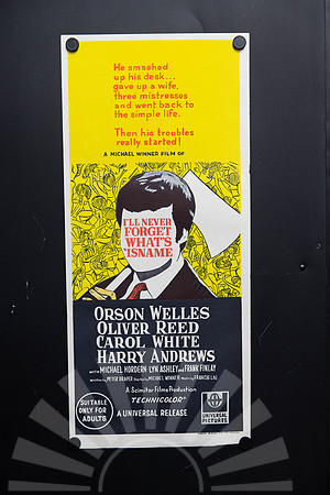 Original 1967 Australian Daybill for I’ll Never Forget What’s ’Isname starring Oliver Reed and Orson Welles, featuring bold yellow black and red illustrated advertising artwork.