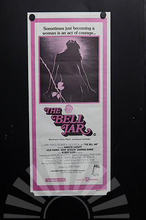 Original 1979 Australian Daybill for The Bell Jar starring Marilyn Hassett and Julie Harris, based on the novel by Sylvia Plath, with pink and black silhouette artwork.