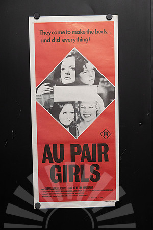 Original 1972 Australian Daybill for Au Pair Girls featuring Gabrielle Drake, Astrid Frank, Me Me Lai and Nancie Wait in a bold red photographic design.